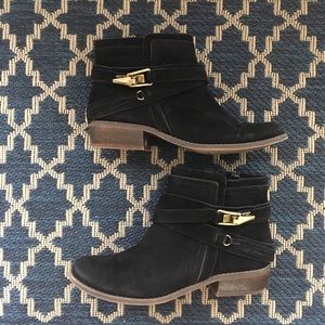 Fergalicious suede booties with gold clasps